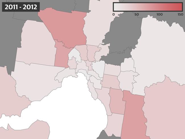 'Youth offender incidents of motor vehicle theft by LGA' in 2011-2012.