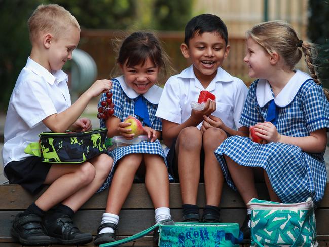 Ryan Wall, 6, Emily Adcock, 6 , Jude Chittinappilly, 6, Georgie Allen, 6, at St Kierans Catholic Public School with some of the healthy food they have at their school tuckshop.Picture:Justin Lloyd