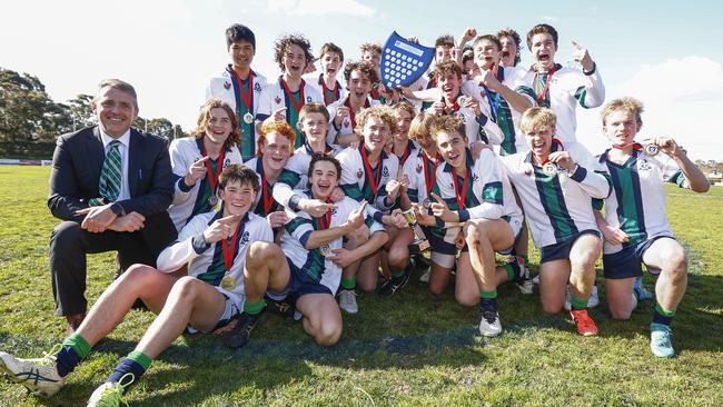 St Patrick's College celebrate winning the Herald Sun Shield Intermediate Boys. Photo: Daniel Pockett/AFL Photos.