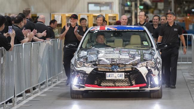 The last Toyota Camry from the Altona production line in Melbourne gets a send-off by employees on Tuesday October 3, 2017. Picture: Supplied.