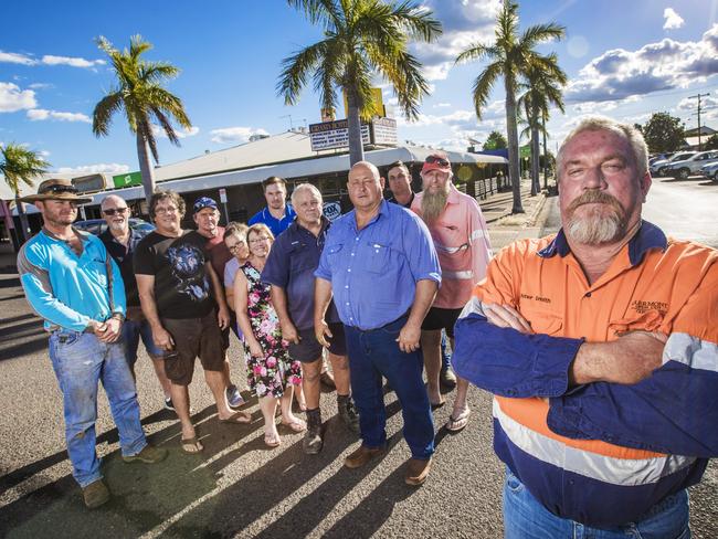 Clermont workers and residents are unhappy about anti adani protestors coming to town. Clermont's Peter Smith (front) with Kel Appleton pictured behind him in blue shirt. Picture: Nigel Hallett