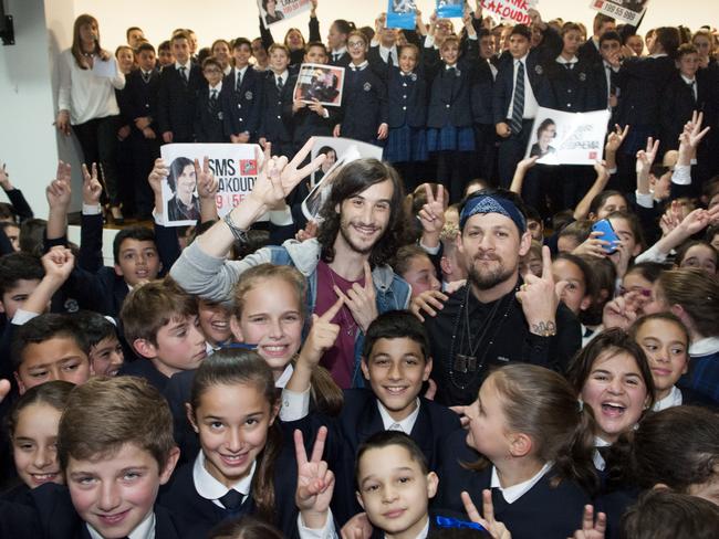 Students were thrilled to be part of the taping of a homecoming segment for ex-student Frank Lakoudis, pictured with Joel Madden.