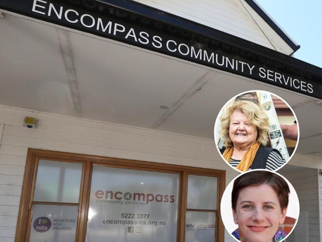 Encompass Community Serivce office at East Geelong. Inset: Encompass chief executive Elaine Robb, top, and board chair Alyson Miller.