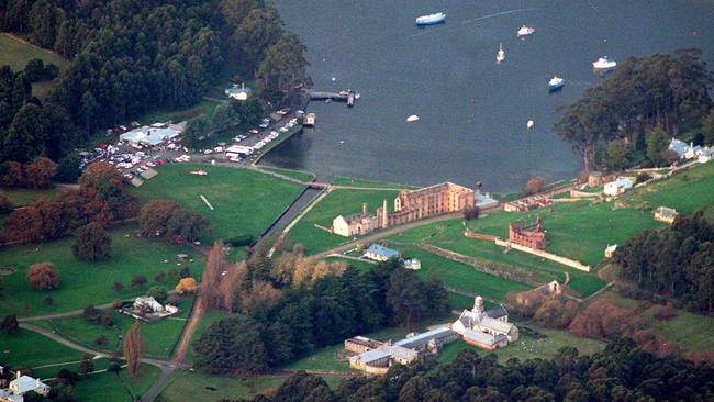 An aerial view of the crime scene at Port Arthur in 1996 when the massacre occurred.