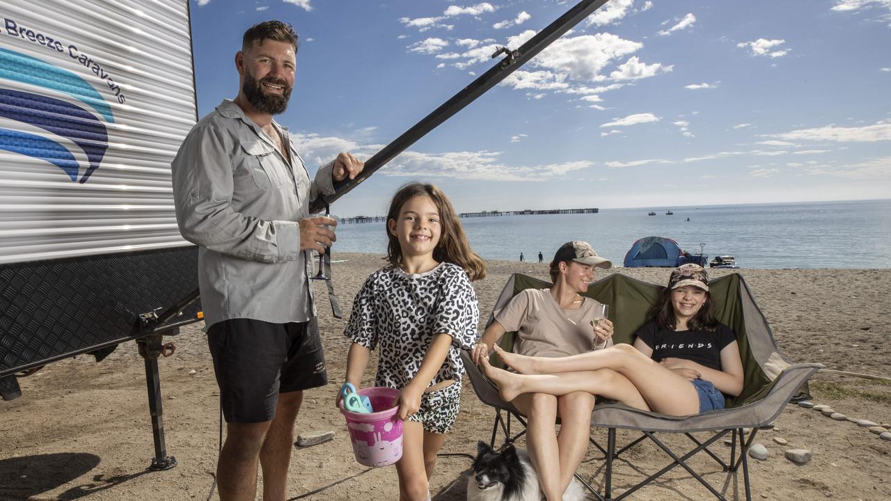 Ryan, Ava, 7, Kelly-Anne, and Sienna, 11, Dolman at Rapid Bay Campground. 18th April 2025 Picture: Brett Hartwig