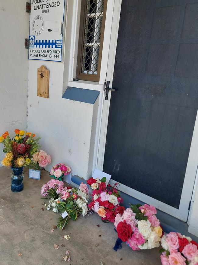 Flowers left outside Lucindale police station after Jason Doig was shot dead. Picture Supplied