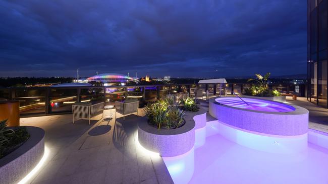 The rooftop pool area of the expanded SkyCity. Picture: Russell Millard