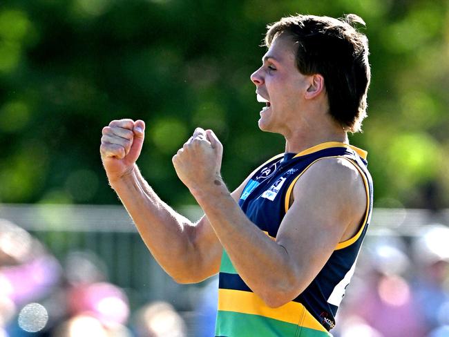 St Kevin's Samuel Tucker celebrates a goal during the VAFA Premier Division Grand Final between Collegians and St Kevin's at Elsternwick Park in Brighton, Sunday, Sept. 24, 2023. Picture: Andy Brownbill