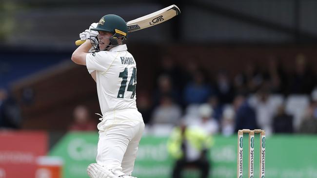 Marcus Harris opens up during Australia’s first innings. Picture: Getty Images