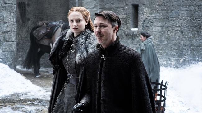 Sophie Turner as Sansa Stark and Aidan Gillen as Petyr Baelish in Game of Thrones.