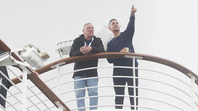 Passengers out on the decks as the ship arrives into Hobart. P & O Cruises ship Pacific Adventure docks in Hobart after being denied access to dock in New Zealand. Picture: Nikki Davis-Jones