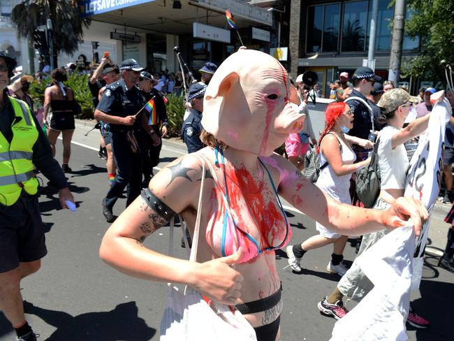A protester in a pig mask takes part in the march. Picture: Andrew Henshaw