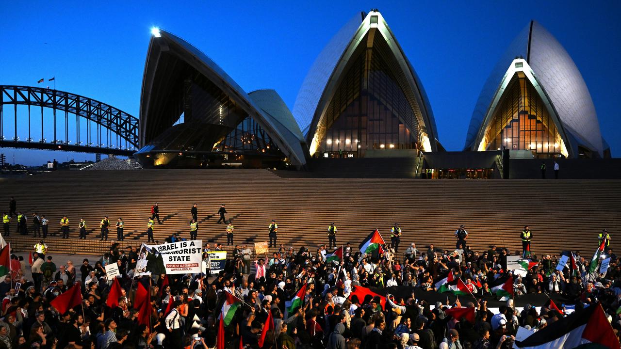 Participants of a Free Palestine rally outside Sydney Opera House in Sydney, Monday, October 9, 2023. Picture: AAP Image/Dean Lewins