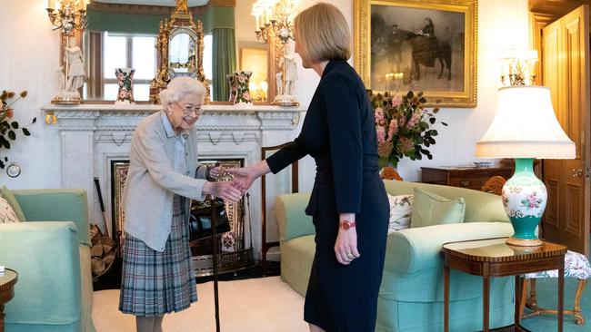 Queen Elizabeth II greets Britain's Prime Minister-elect Liz Truss at Balmoral Castle, two days before she died. Picture: Jane Barlow/Pool/AFP