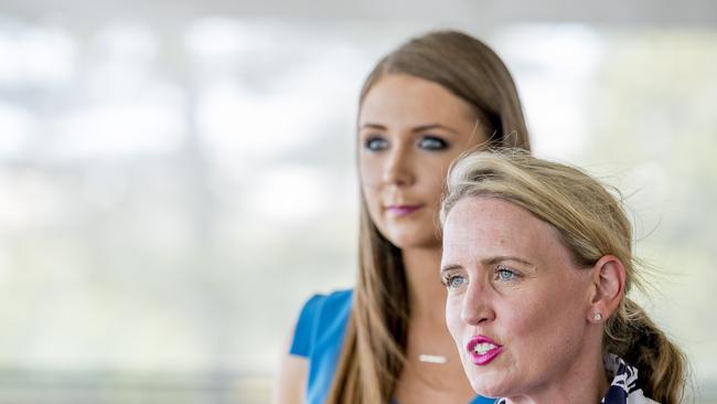 Meaghan Scanlon and Tourism Minister Kate Jones, MP, talking at the media launch of the 2018 Flight Centre Burleigh Pro Surf Festival at Burleigh Heads. Picture: Jerad Williams