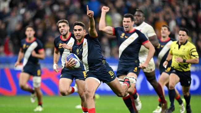 Argentina’s Santiago Carreras scores against England in the Rugby World Cup bronze medal match. England won 26-23. Picture: Getty Images