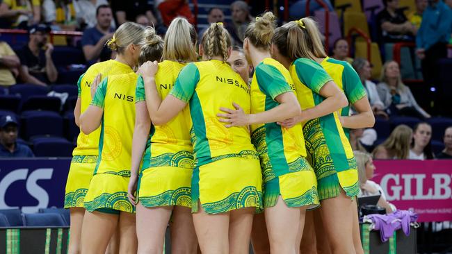 BRISBANE, AUSTRALIA - OCTOBER 15: Australia players huddle prior to the game two of the 2023 Constellation Cup series between Australia Diamonds and New Zealand Silver Ferns at Brisbane Entertainment Centre on October 15, 2023 in Brisbane, Australia. (Photo by Russell Freeman/Getty Images)