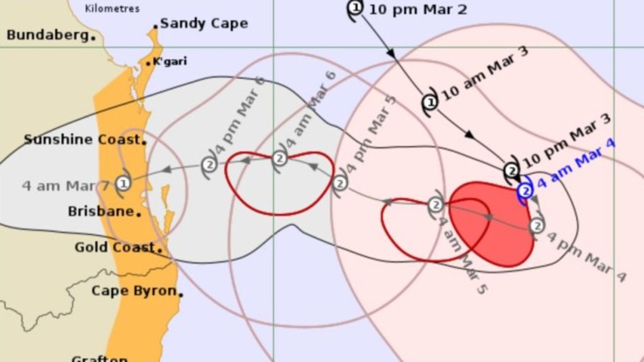 The latest Cyclone Alfred forecast track map, issued on Tuesday morning. Picture: Bureau of Meteorology