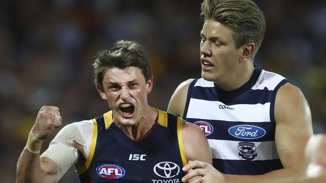 Matt Crouch celebrates a goal during the preliminary final victory against Geelong. Picture: Sarah Reed