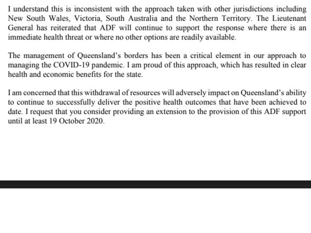 A letter from Queensland Premier Annastacia Palaszczuk to Prime Minister Scott Morrison asking for more ADF support at the border.