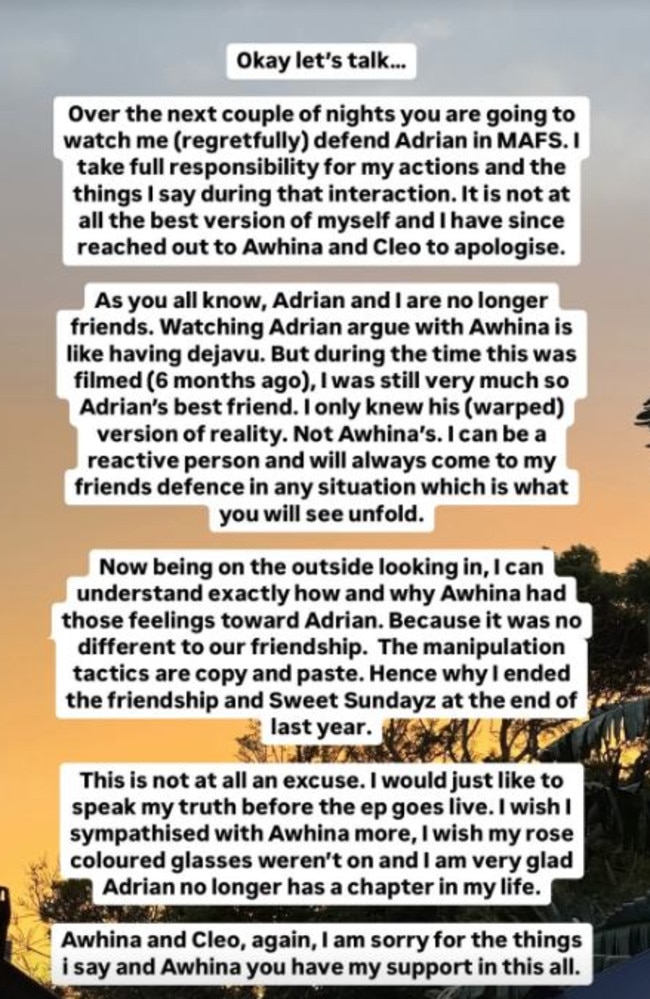 Jasmin has since issued an apology on Instagram in which she revealed she and Adrianare no longer friends.