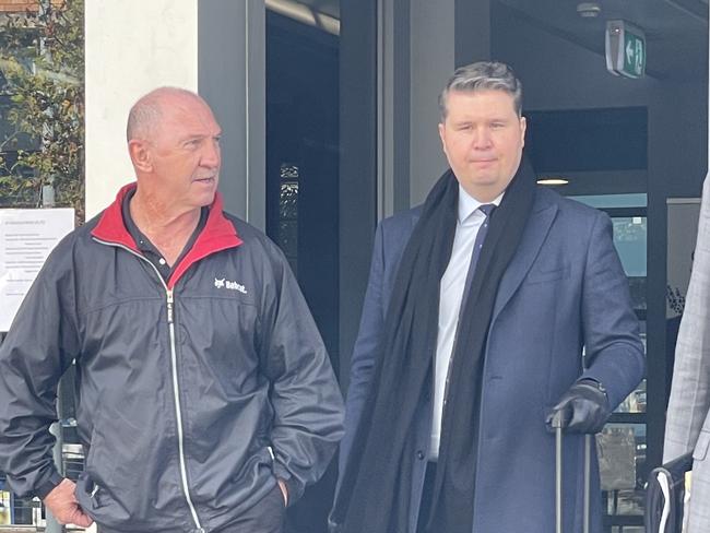 Former Parramatta Eels great Brett Kenny (left) leaving Wyong Local Court with his barrister Peter Kondich (right) where the ex-league player escaped a conviction for common assault. Picture: NewsLocal