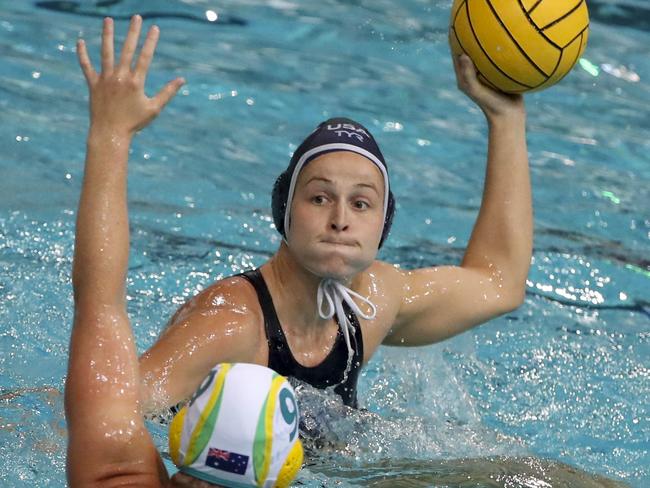 Stephania Haralabidis of the USA with the ball during the Water Polo Test Match match between Australia and USA at the Brisbane Aquatic Centre in Brisbane, Saturday, January 18, 2020. (AAP Image/Glenn Hunt) NO ARCHIVING, EDITORIAL USE ONLY