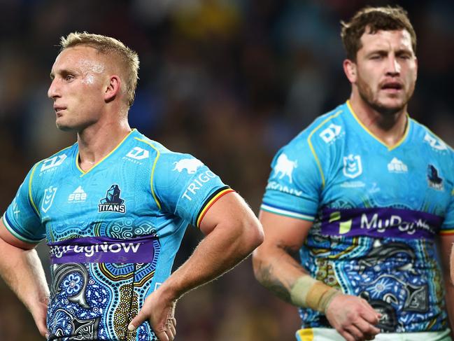 GOLD COAST, AUSTRALIA - JUNE 02: Tanah Boyd of the Titans looks dejected during the round 13 NRL match between the Gold Coast Titans and the North Queensland Cowboys at Cbus Super Stadium, on June 02, 2022, in Gold Coast, Australia. (Photo by Chris Hyde/Getty Images)