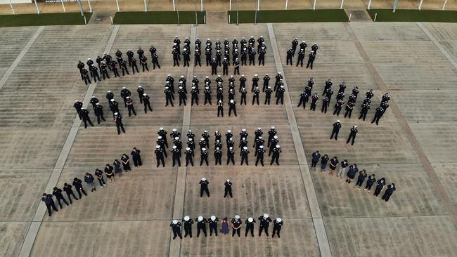 Drone shots of Chief Minister Lia Finocchiaro and NT Police Commissioner Michael Murphy with officers from NT Police in February 2025. Picture: NT Police