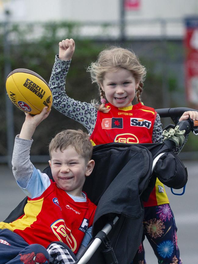 Caleb and Lyla Weightmanbefore the Suns V Freo at People First Stadium Cararra. Picture: Glenn Campbell