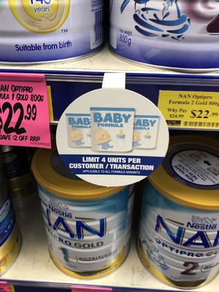 Baby formula for sale at My Chemist on Elizabeth St with a sign saying ‘four per transaction’ limit.