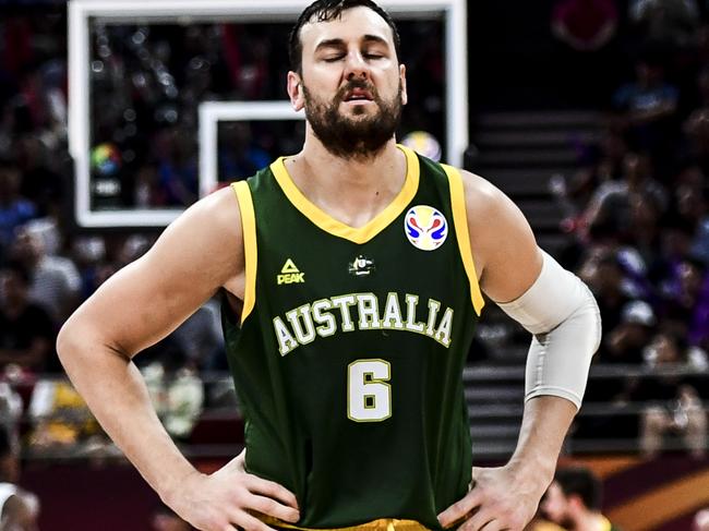 BEIJING, CHINA - SEPTEMBER 15:  #6 Andrew Bogut of Australiareacts  during the 3rd place games between France and Australia of 2019 FIBA World Cup at the Cadillac Arena on September 15, 2019 in Beijing, China.  (Photo by Di Yin/Getty Images)