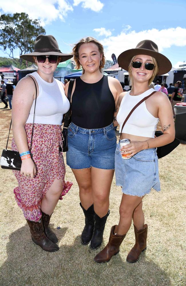 Maggie and Nataleigh Brunner with Shelby Knight at Meatstock, Toowoomba Showgrounds. Picture: Patrick Woods.