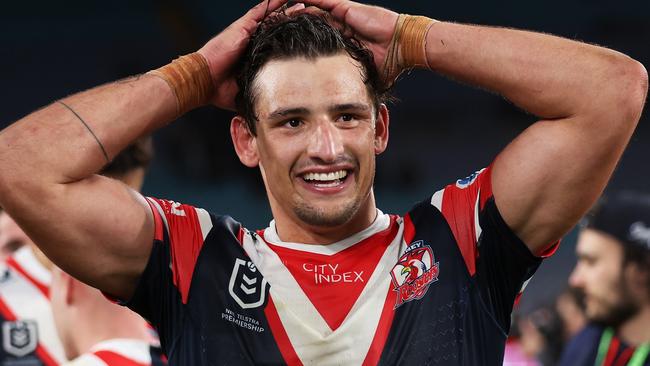 SYDNEY, AUSTRALIA - SEPTEMBER 01:  Billy Smith of the Roosters celebrates victory after the round 27 NRL match between South Sydney Rabbitohs and Sydney Roosters at Accor Stadium on September 01, 2023 in Sydney, Australia. (Photo by Matt King/Getty Images)