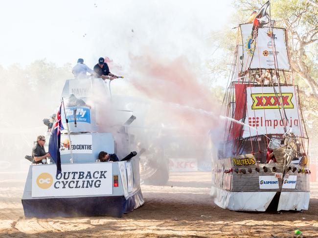 The infamous Henley on Todd Battle of the Boats was fought out between the Pirates, Vikings, and Navy boats, with the Vikings crowned the winners. Alice Springs August 19 2017. Photo: EMMA MURRAY