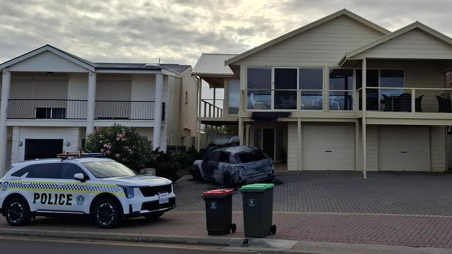 An Audi has gone up in flames overnight at Port Noarlunga. Picture: Agnes Gichuhi