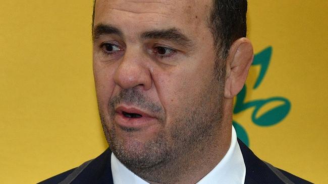 Australia's head coach Michael Cheika speaks at the Rugby World Cup squad announcement in Sydney on August 23, 2019. (Photo by SAEED KHAN / AFP) / -- IMAGE RESTRICTED TO EDITORIAL USE - STRICTLY NO COMMERCIAL USE --