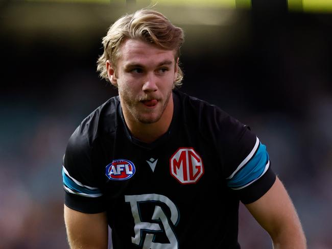 ADELAIDE, AUSTRALIA - APRIL 13: Jason Horne-Francis of the Power warms up during the 2025 AFL Round 05 match between the Port Adelaide Power and the Hawthorn Hawks at Adelaide Oval on April 13, 2025 in Adelaide, Australia. (Photo by Michael Willson/AFL Photos via Getty Images)