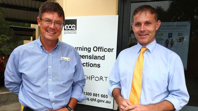 State election ballot for the seat of Southport, pictured are LNP candidate and sitting member Rob Molhoek, Labor's Rowan Holsberger and returning officer Michael Wittman Pic by David Clark