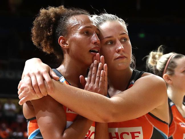 SYDNEY, AUSTRALIA - AUGUST 19:  Serena Guthrie and Jamie-Lee Price of the Giants look dejected after the Super Netball Preliminary Final match between the Giants and the Lightning at Qudos Bank Arena on August 19, 2018 in Sydney, Australia.  (Photo by Ryan Pierse/Getty Images)
