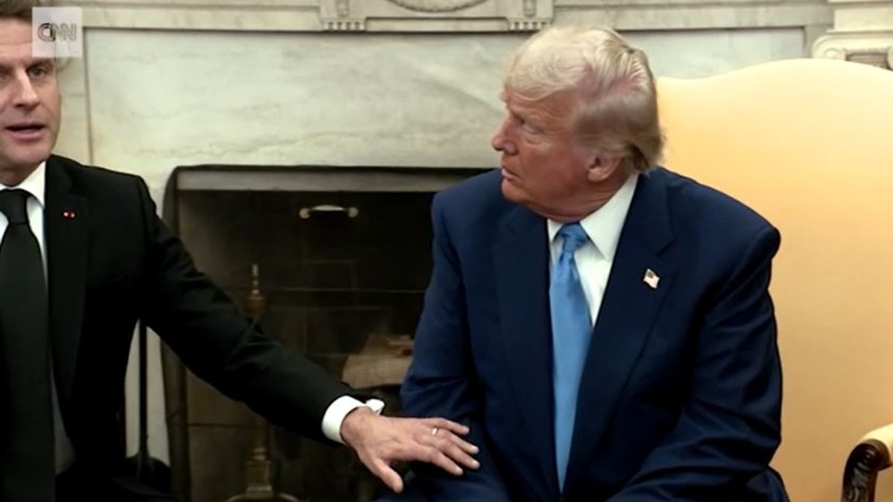 French President Emmanuel Macron interrupted and corrected Mr Trump during talks at the Oval Office. Picture: CNN