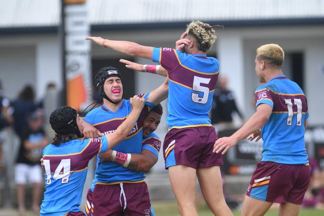 Q South Coast's Ryder Williams (pink mouthguard) celebrates a try. Picture: Evan Morgan