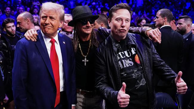 US president-elect Donald Trump, Kid Rock and Elon Musk pose for a photo during the UFC 309 event at Madison Square Garden on November 16. Picture: Jeff Bottari/Zuffa LLC