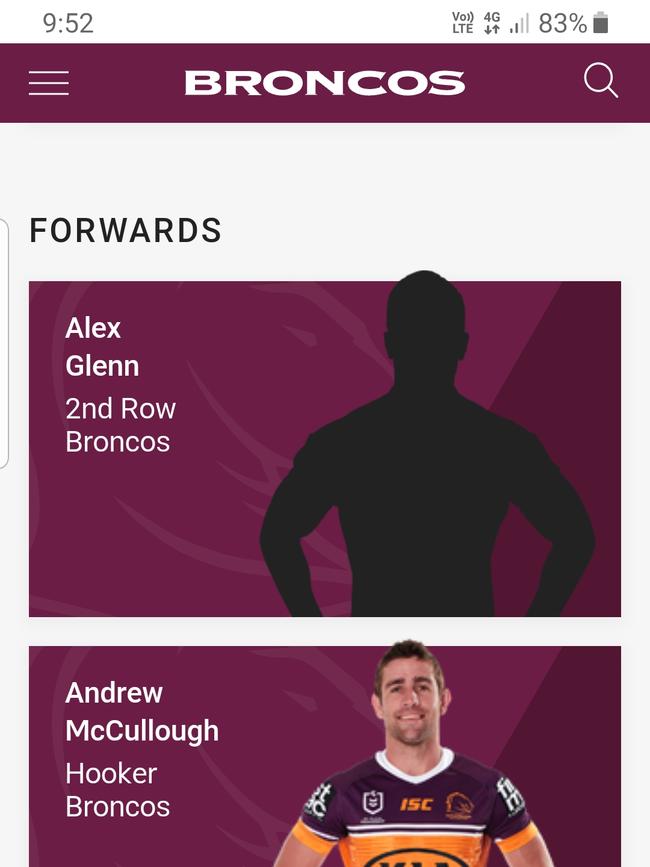 Screen shot of Broncos player profiles on their website