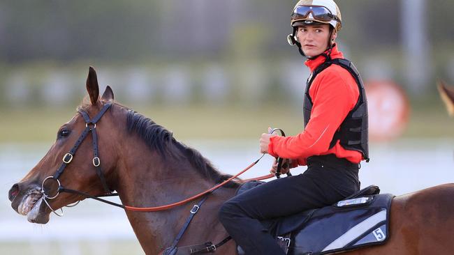 Jockey Regan Bayliss leads Libertini through trackwork at Randwick on Thursday ahead of Saturday’s The Everest. Picture: Getty Images