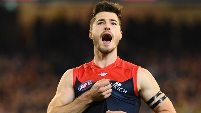 Alex Neal-Bullen celebrates a goal in Melbourne’s elimination final win over Geelong on Friday night. Picture: Quinn Rooney (Getty).