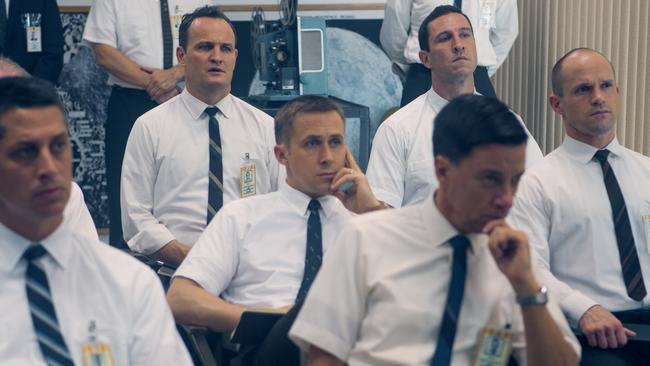 Jason Clarke (back centre), Ryan Gosling (centre) and Pablo Schreiber (back right) in a scene from ‘First Man’. Picture: Supplied