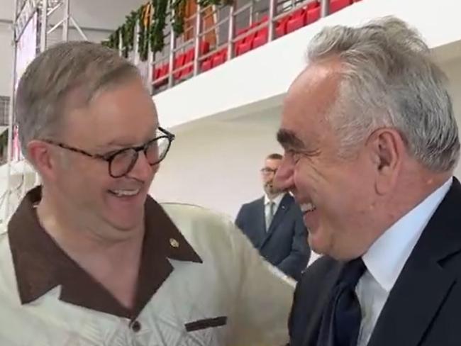 Prime Minister Anthony Albanese jokes with US Deputy Secretary of State Kurt Campbell on the sidelines of the 53rd Pacific Islands Forum.