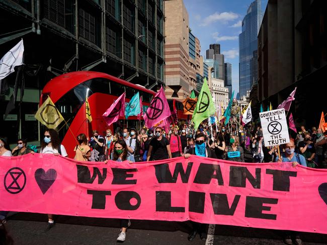 Extinction Rebellion climate change protesters march in London. Picture: AFP