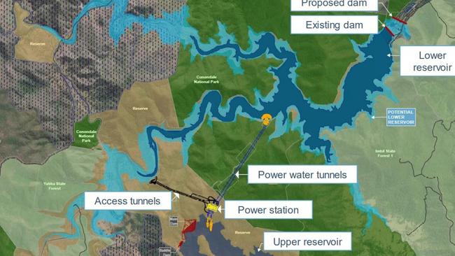 Timeline and map of Borumba Dam pumped hydro project.